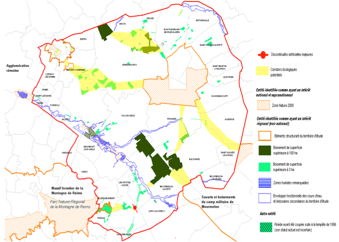 Carte mettant en évidence les corridors potentiels d'intérêt régional à suprarégional reliant les différentes entités majeures du territoire